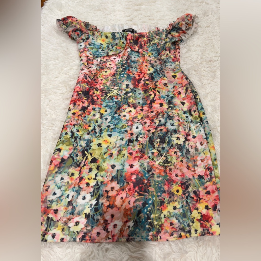 Missguided Floral Off-Shoulder Dress - Pink, Coral, Yellow, Blue, Green